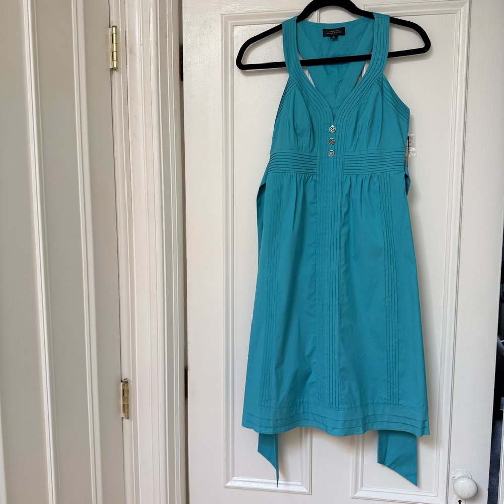 Tahari Sleeveless Teal Midi Dress with Elegant Details and Back Belt Tie, Size 2